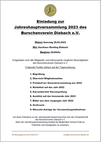 Einladung zur Jahreshauptversammlung 2023 des Burschenverein Diebach-2